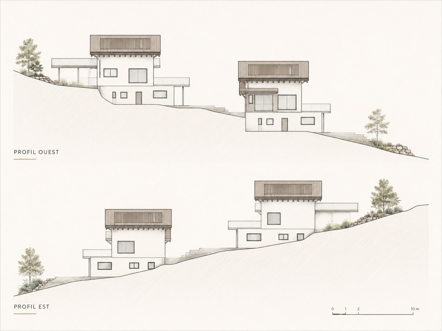 Deux chalets à Savièse — profils ouest et est du projet